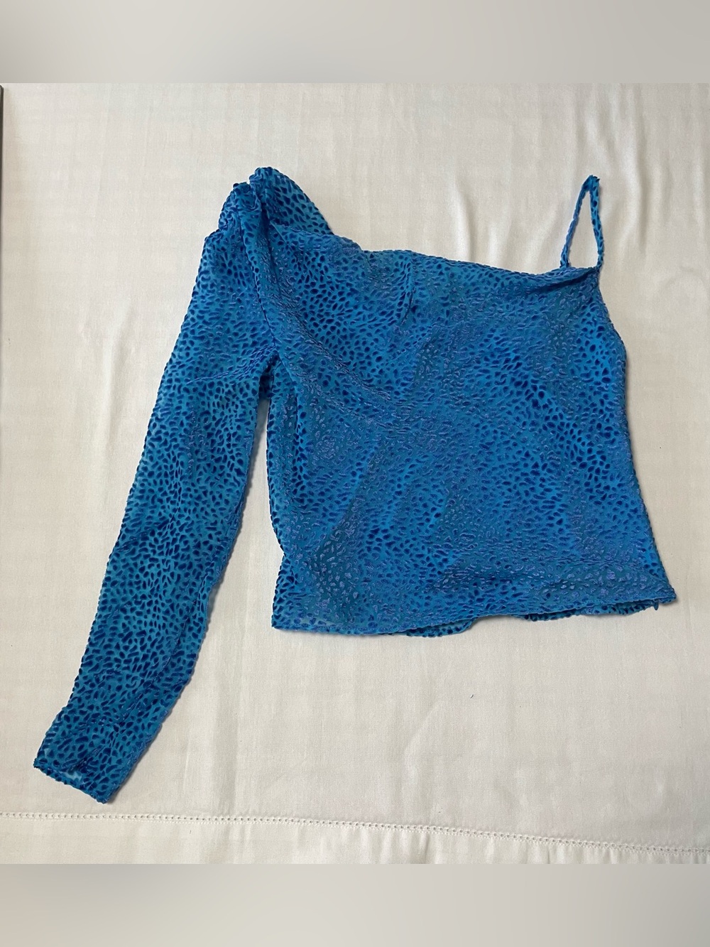 NBD Blue One-Shoulder Mesh Top with Spaghetti Strap